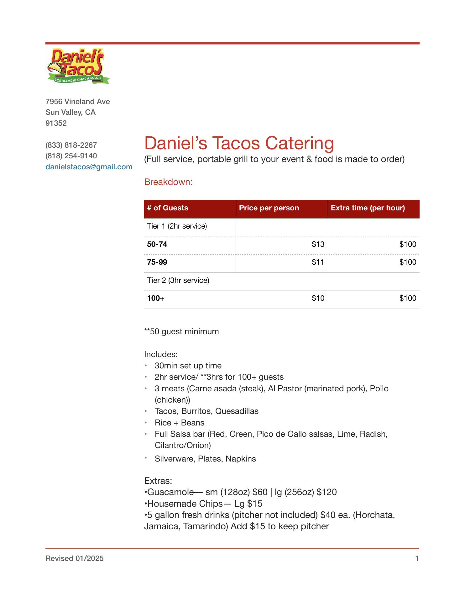 Daniel's Tacos - Sylmar Menu