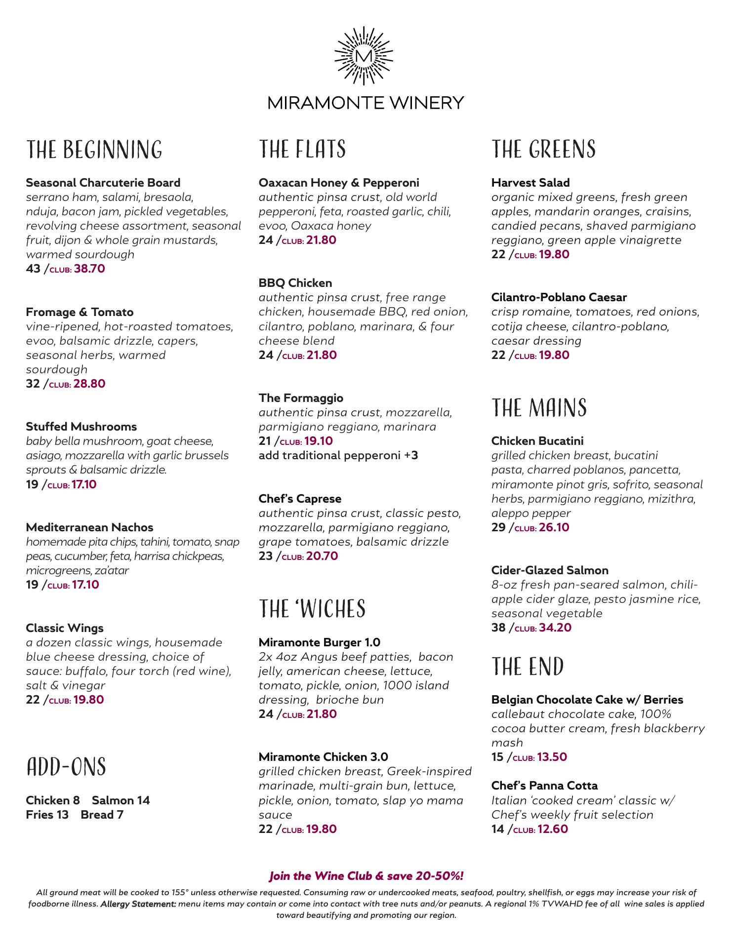 Miramonte Winery Menu