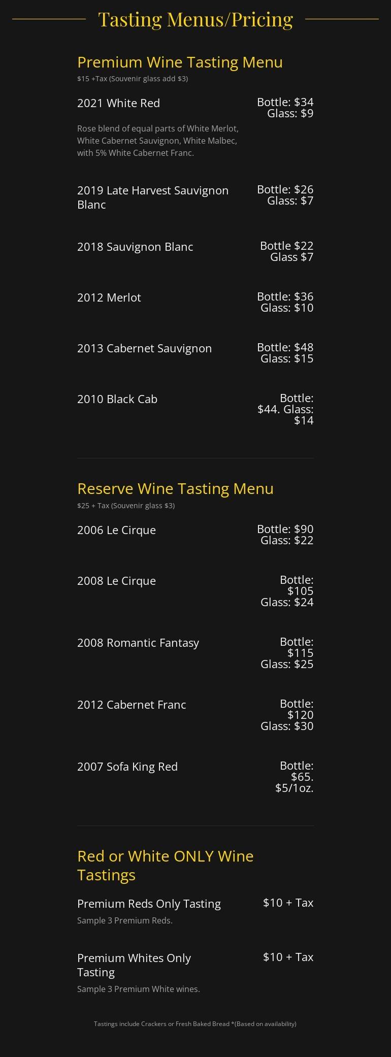 Lumiere Winery Menu