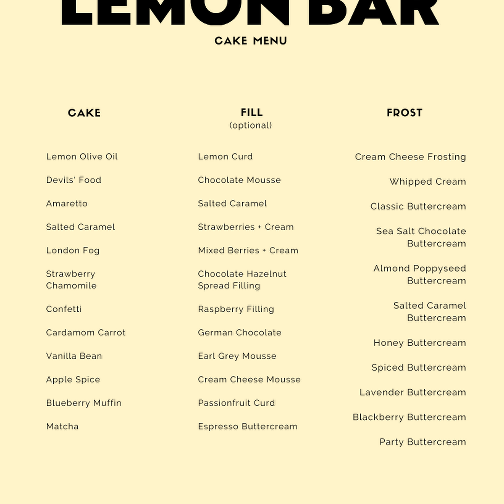 Lemon Bar Bakery Menu