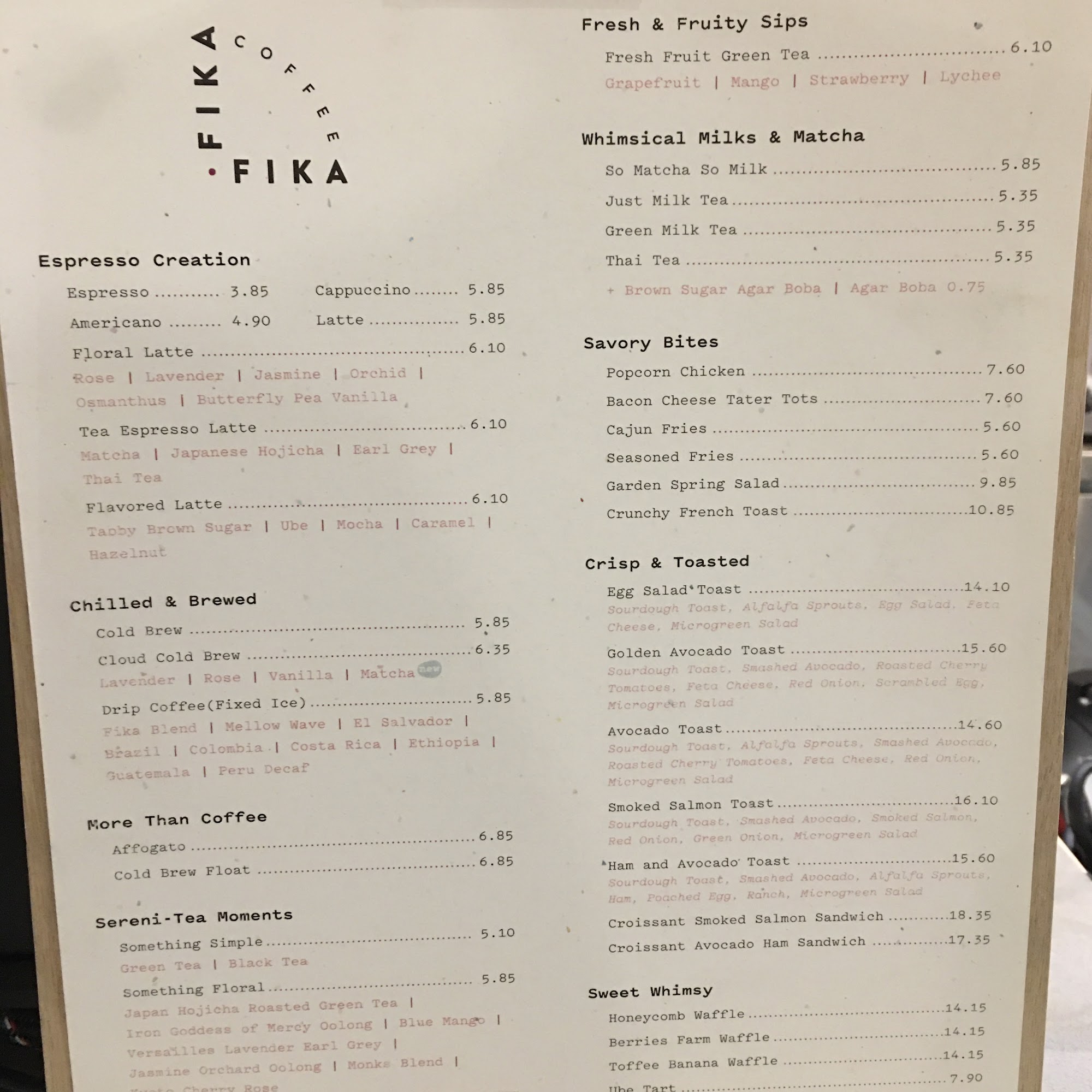 Fika Fika Coffee Menu