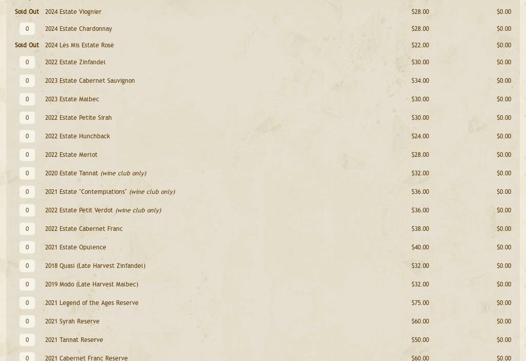 Victor Hugo Winery Menu