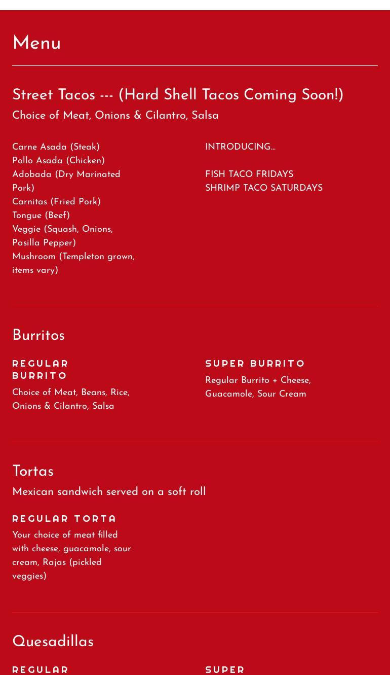 El Red Rooster Tacos Menu