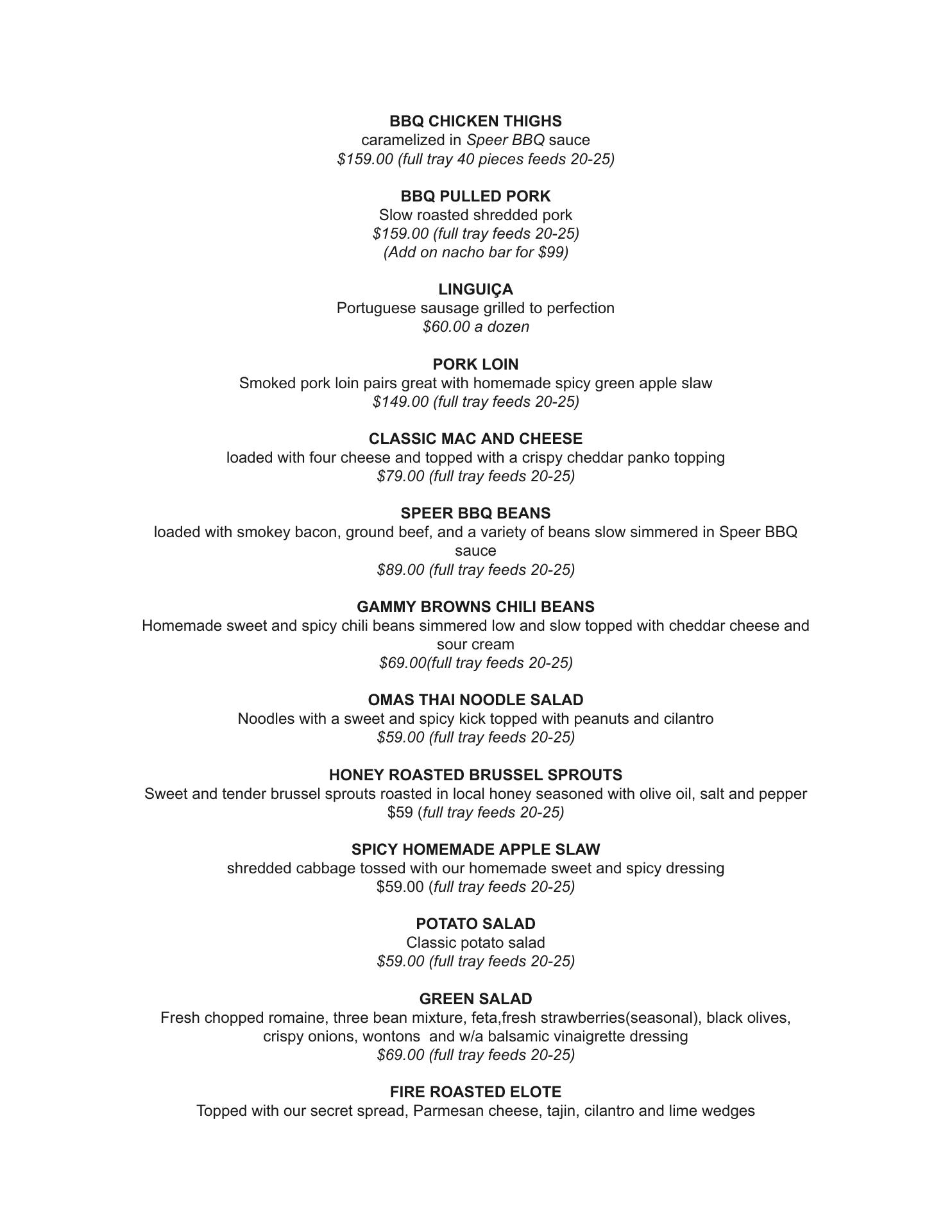 Speer BBQ Menu