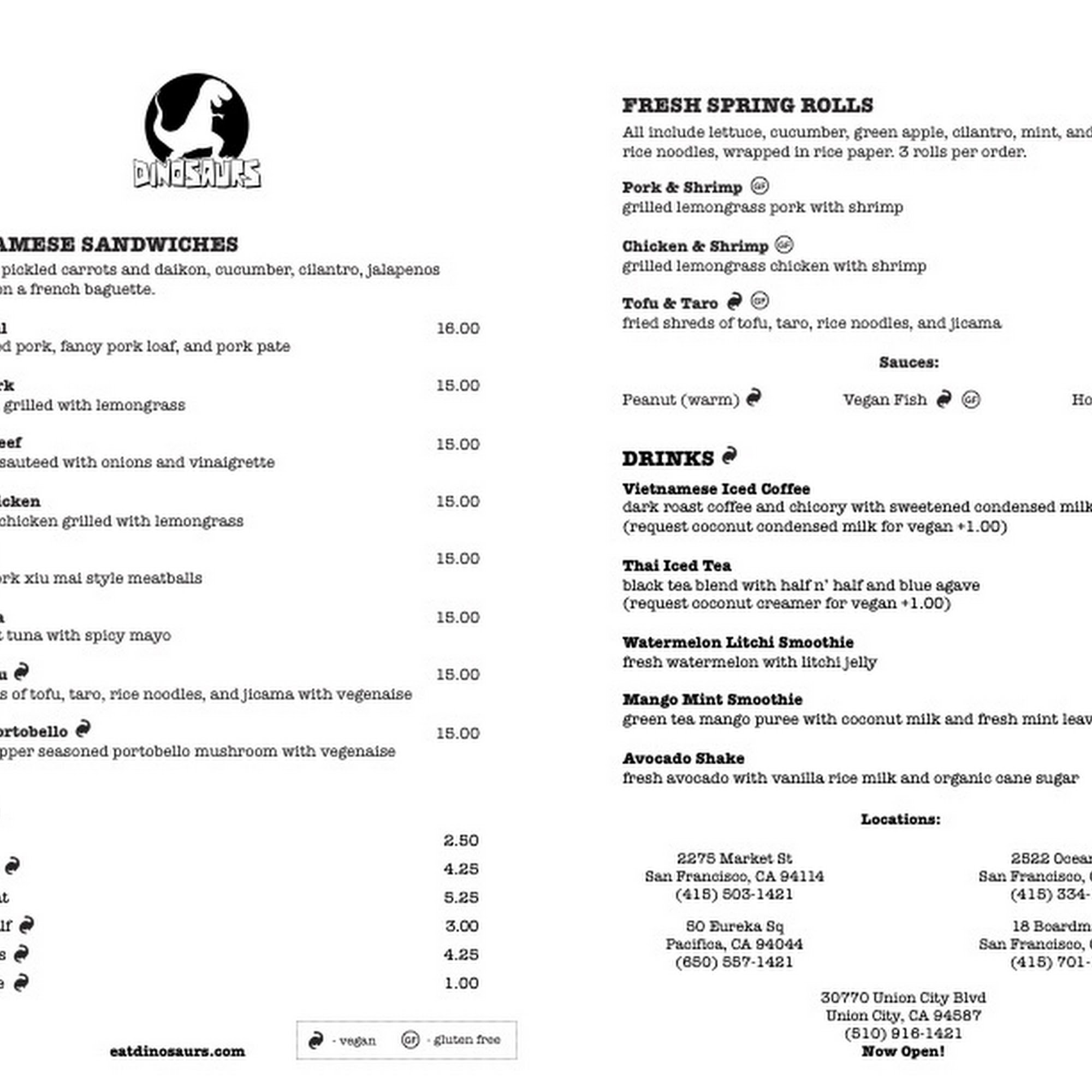 Dinosaurs Sandwiches Menu