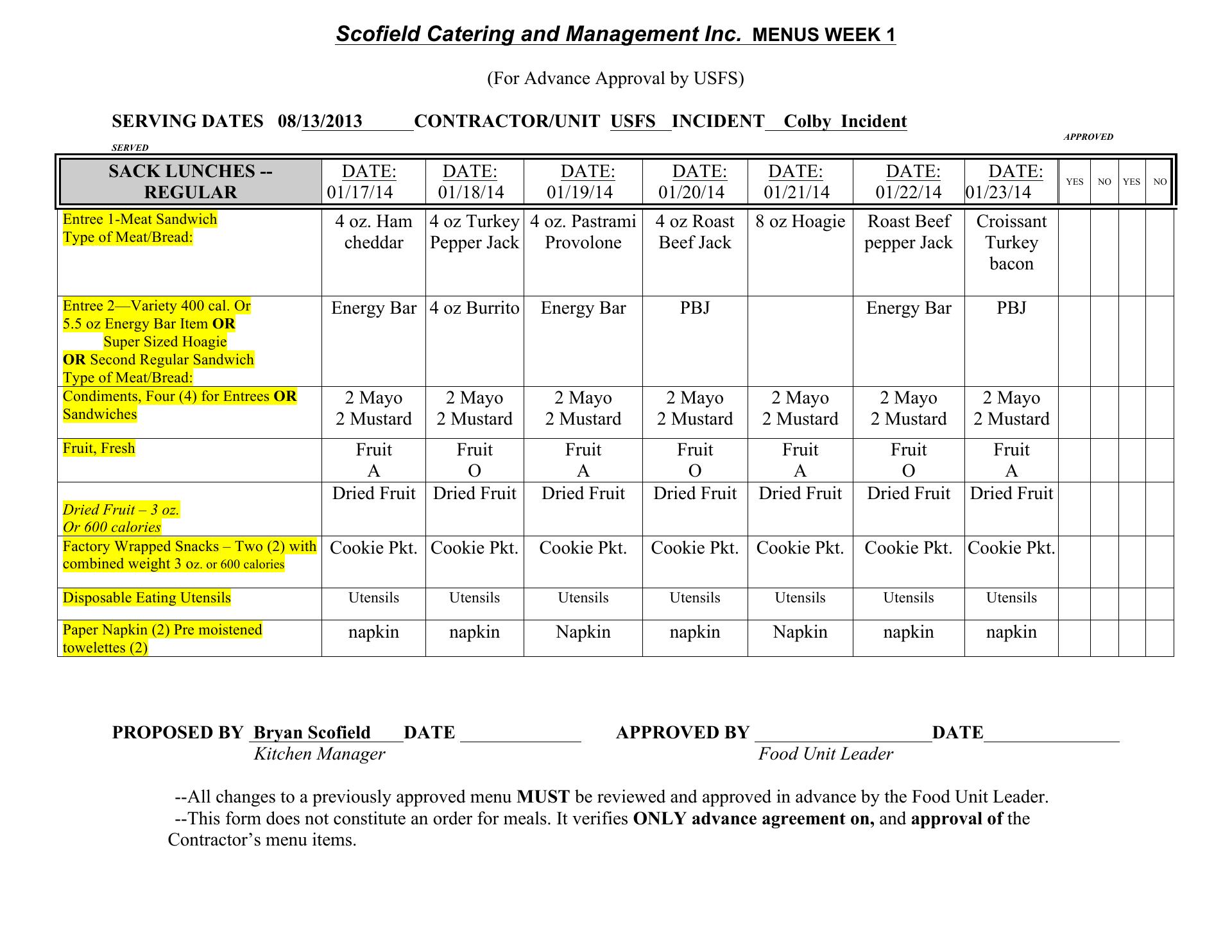 Scofield Catering & Management Menu