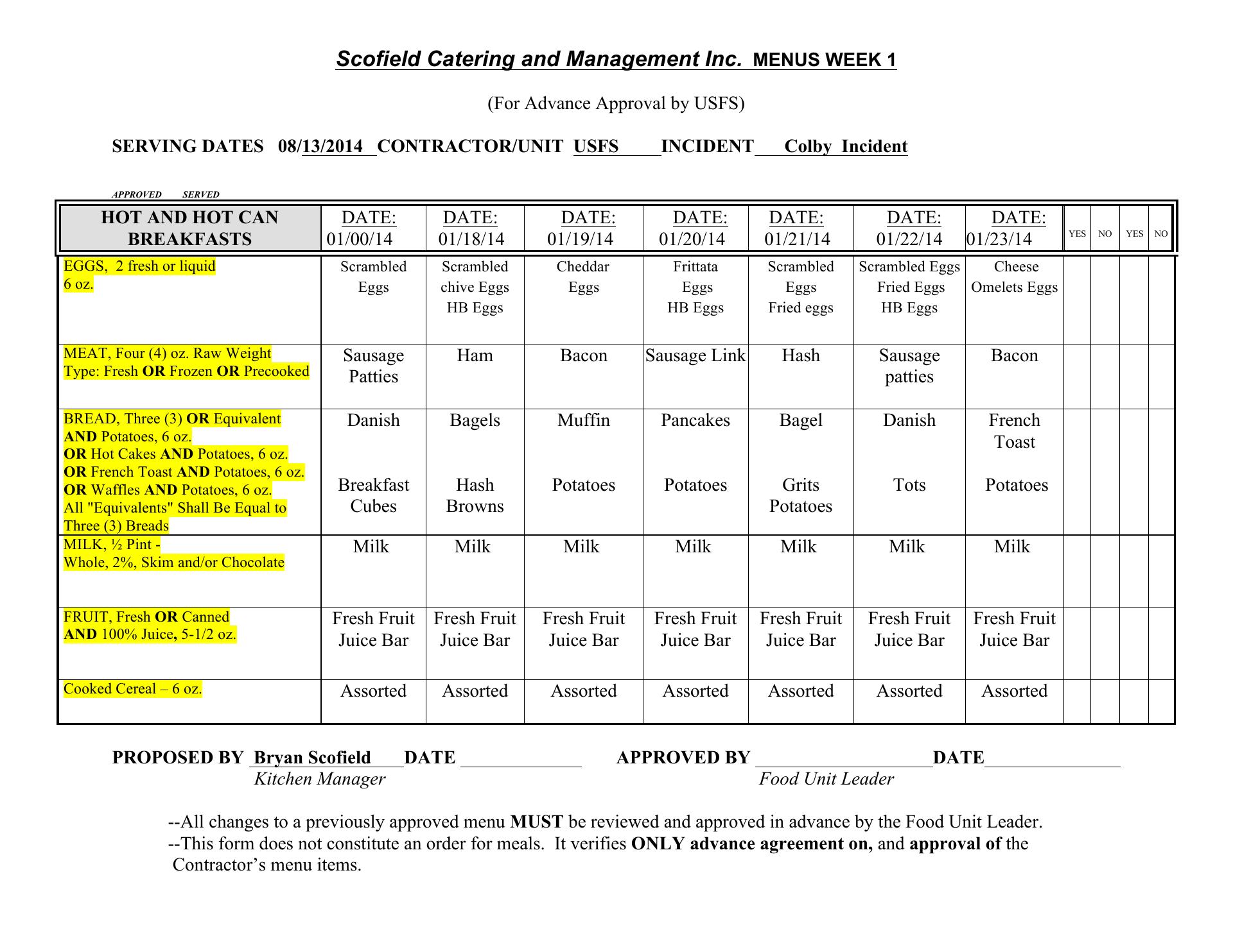 Scofield Catering & Management Menu