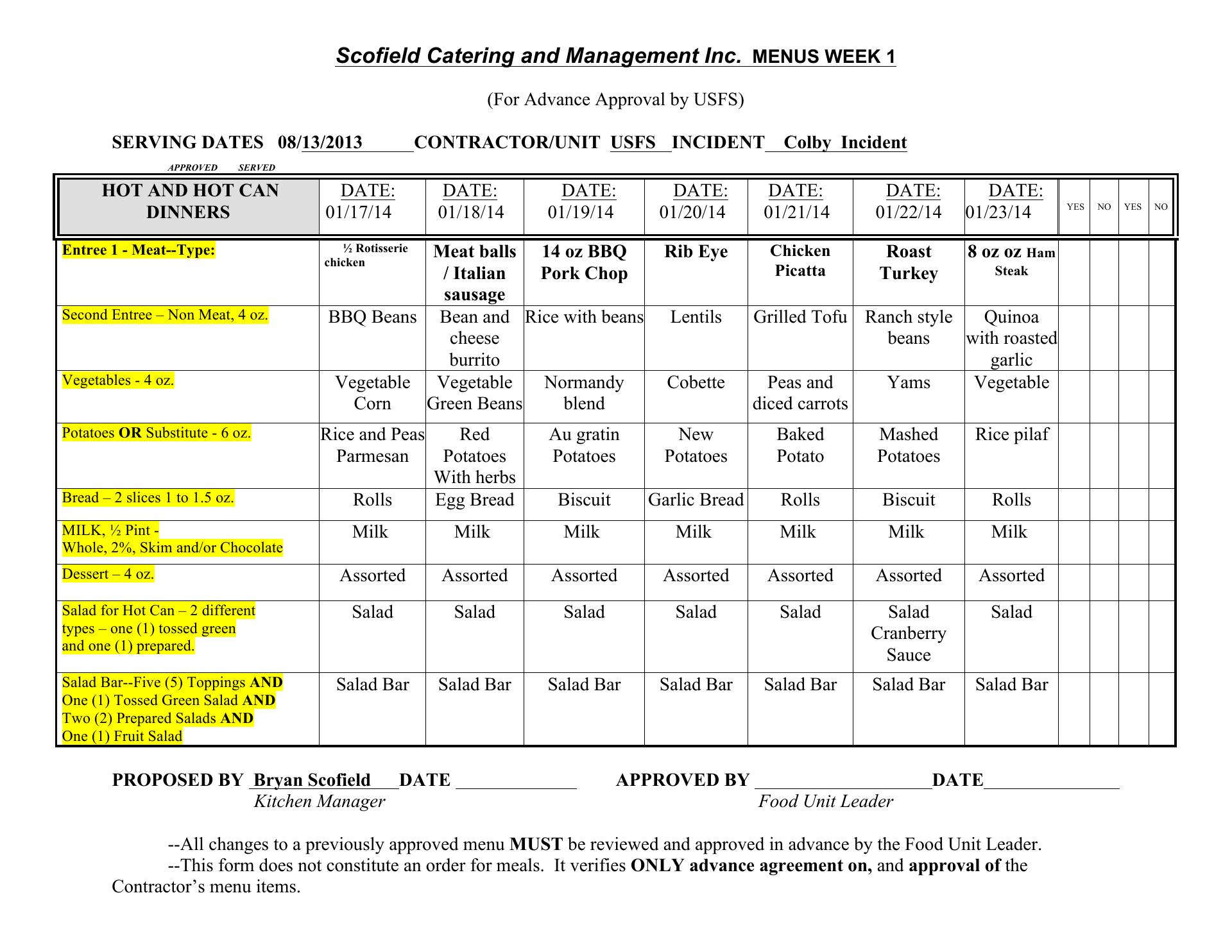 Scofield Catering & Management Menu