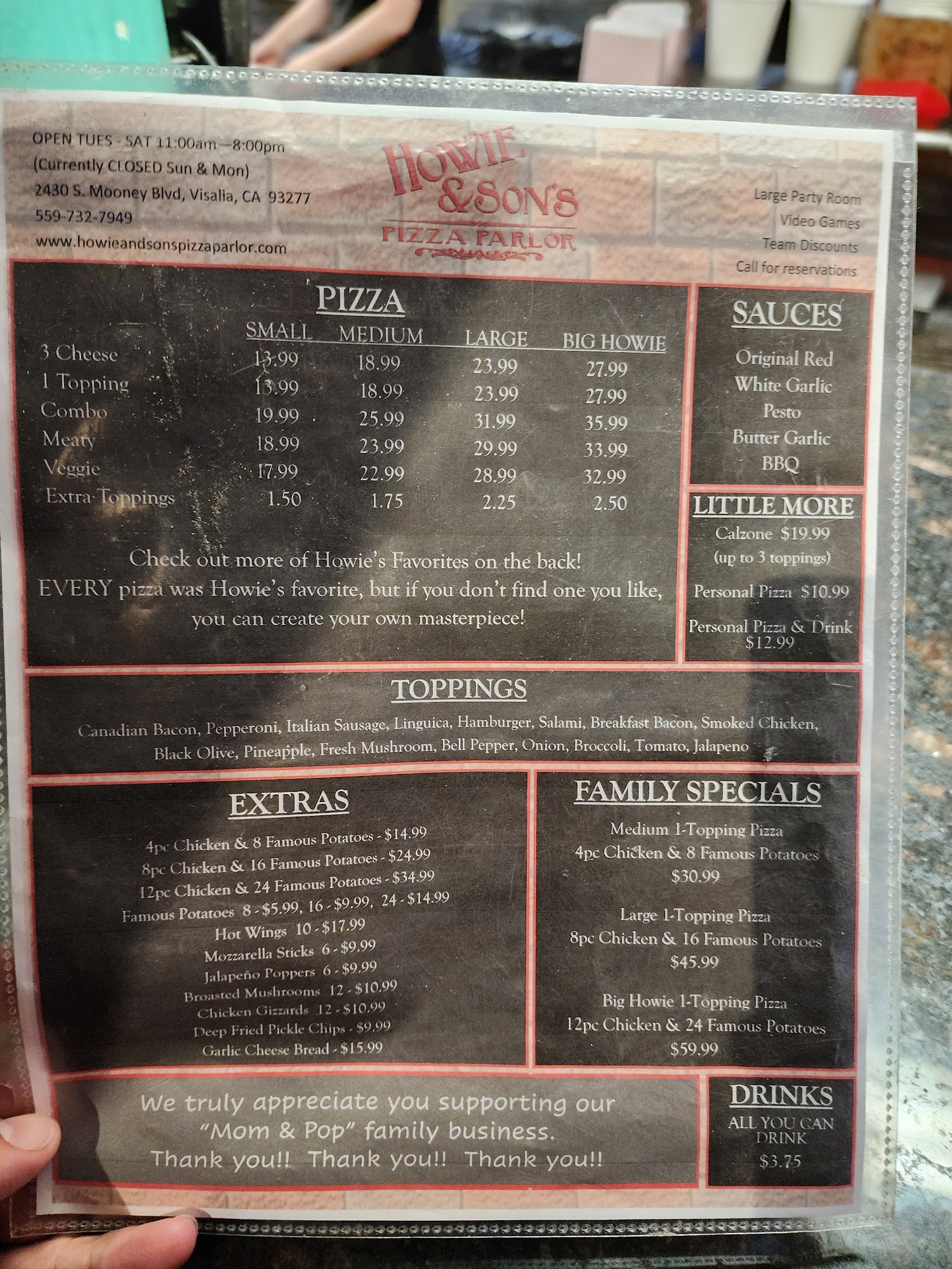 Howie & Son's Pizza Parlor Menu