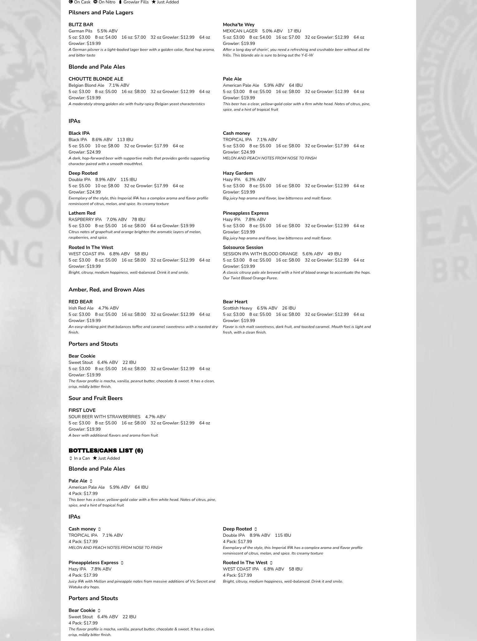 Bear Roots Brewing Downtown Menu