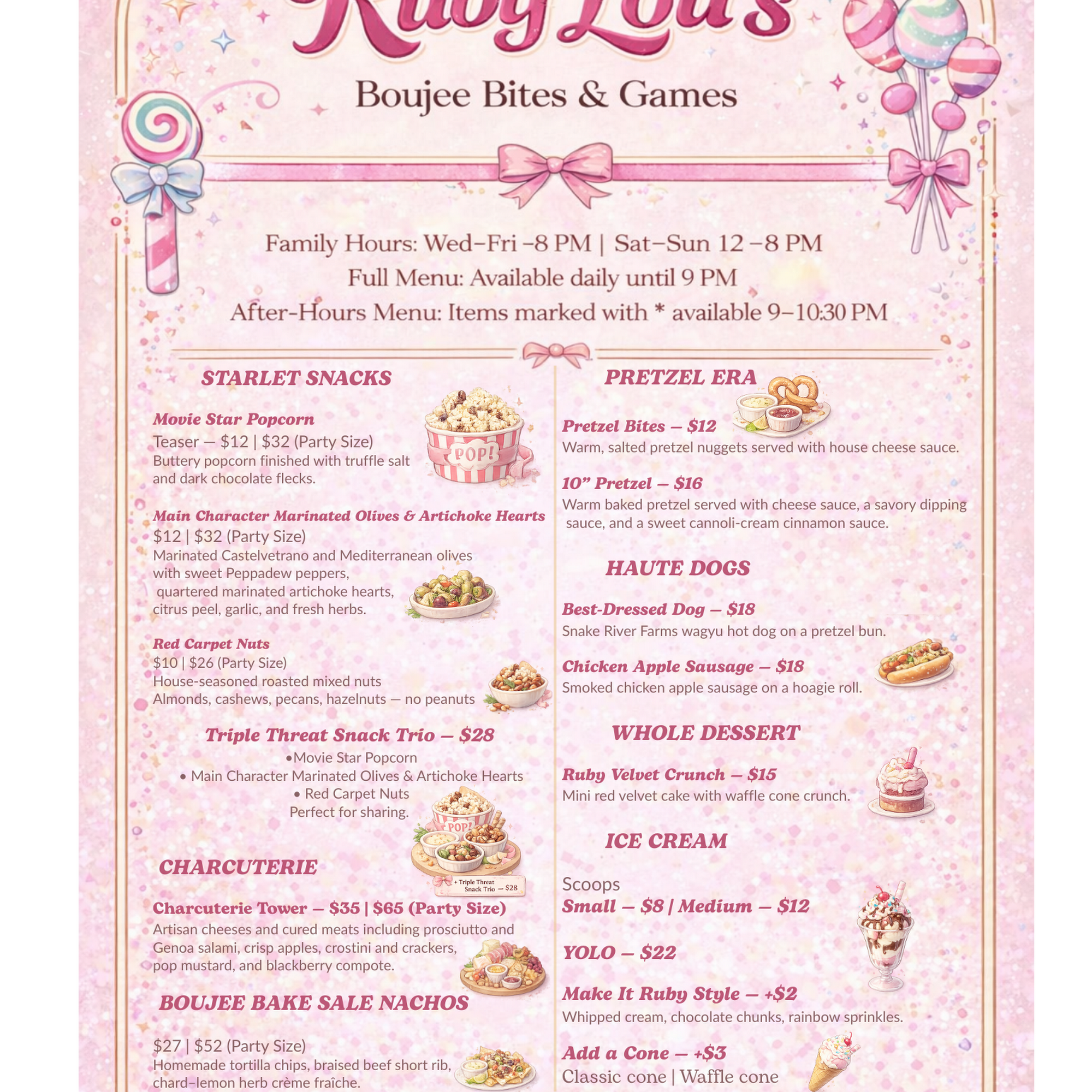 Ruby Lou’s Boujee Bites & Games Menu