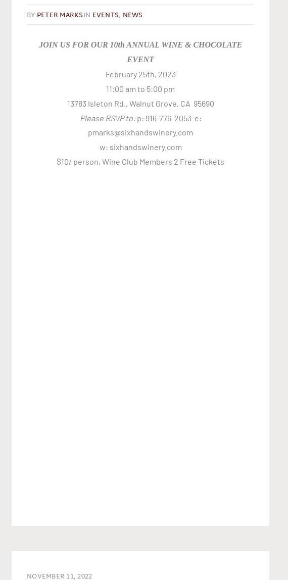 Six Hands Winery Menu