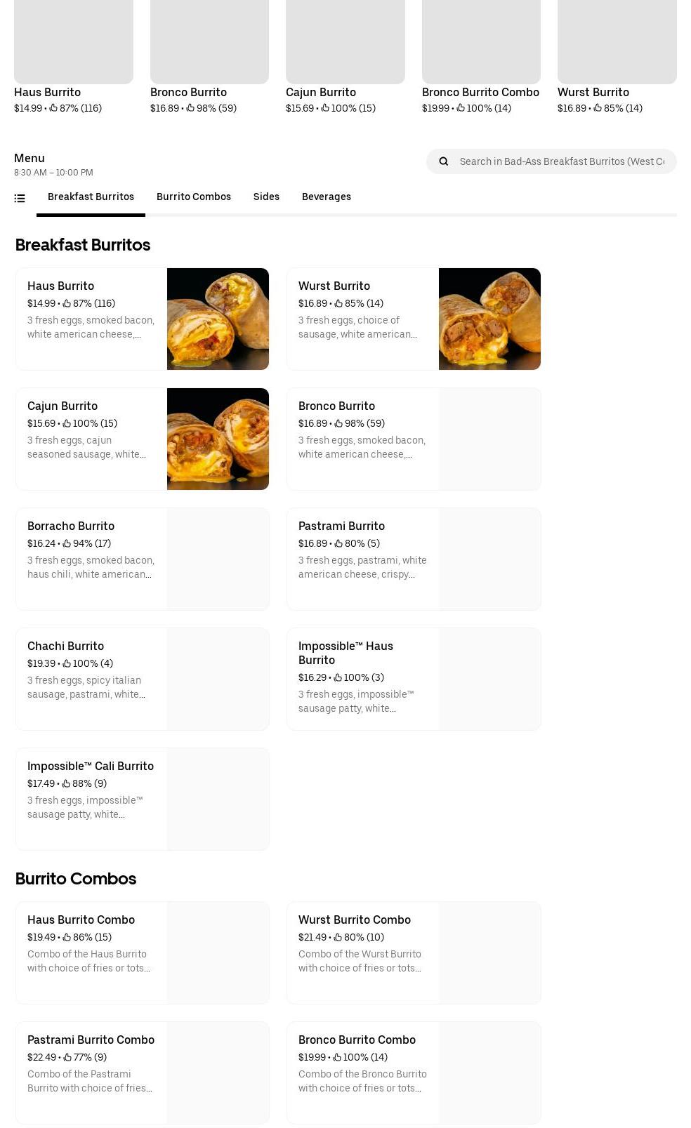 Bad-Ass Breakfast Burritos Menu