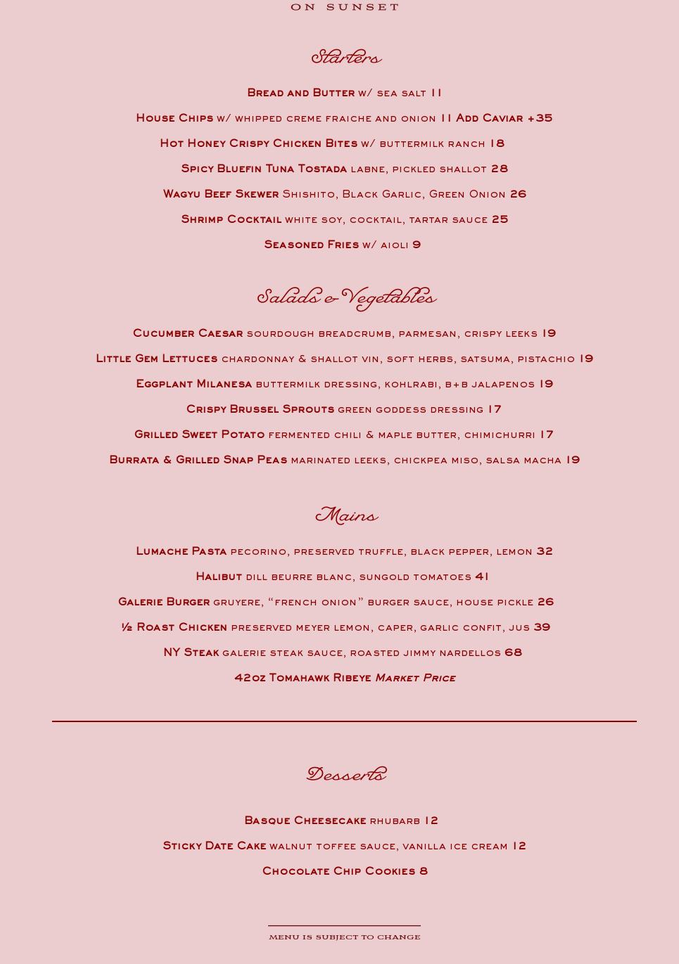 Galerie on Sunset Menu