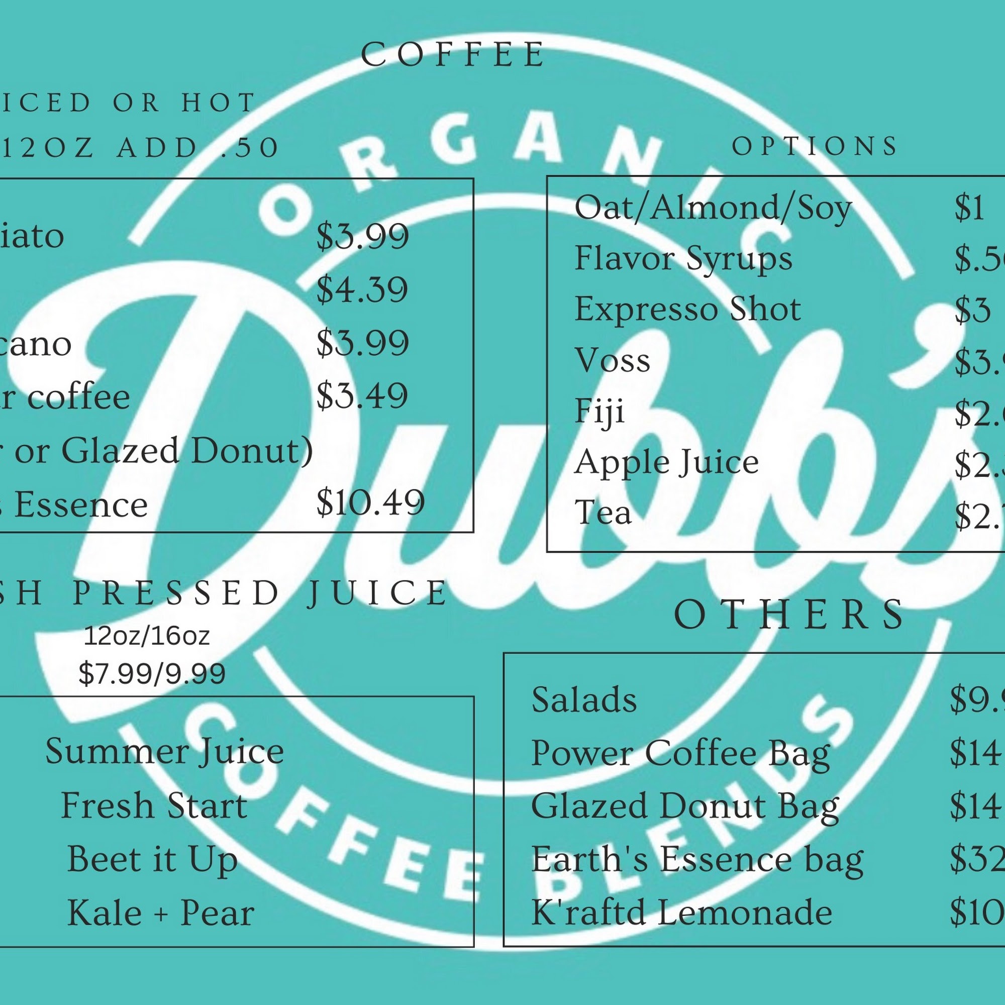 Dubb's Organic Coffee Blends Menu