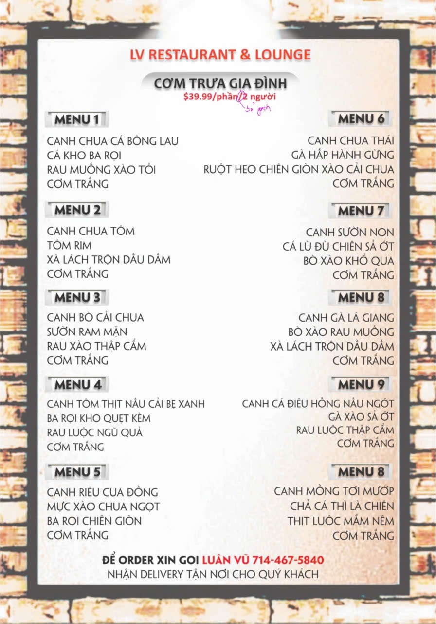 LV RESTAURANT & LOUNGE Menu