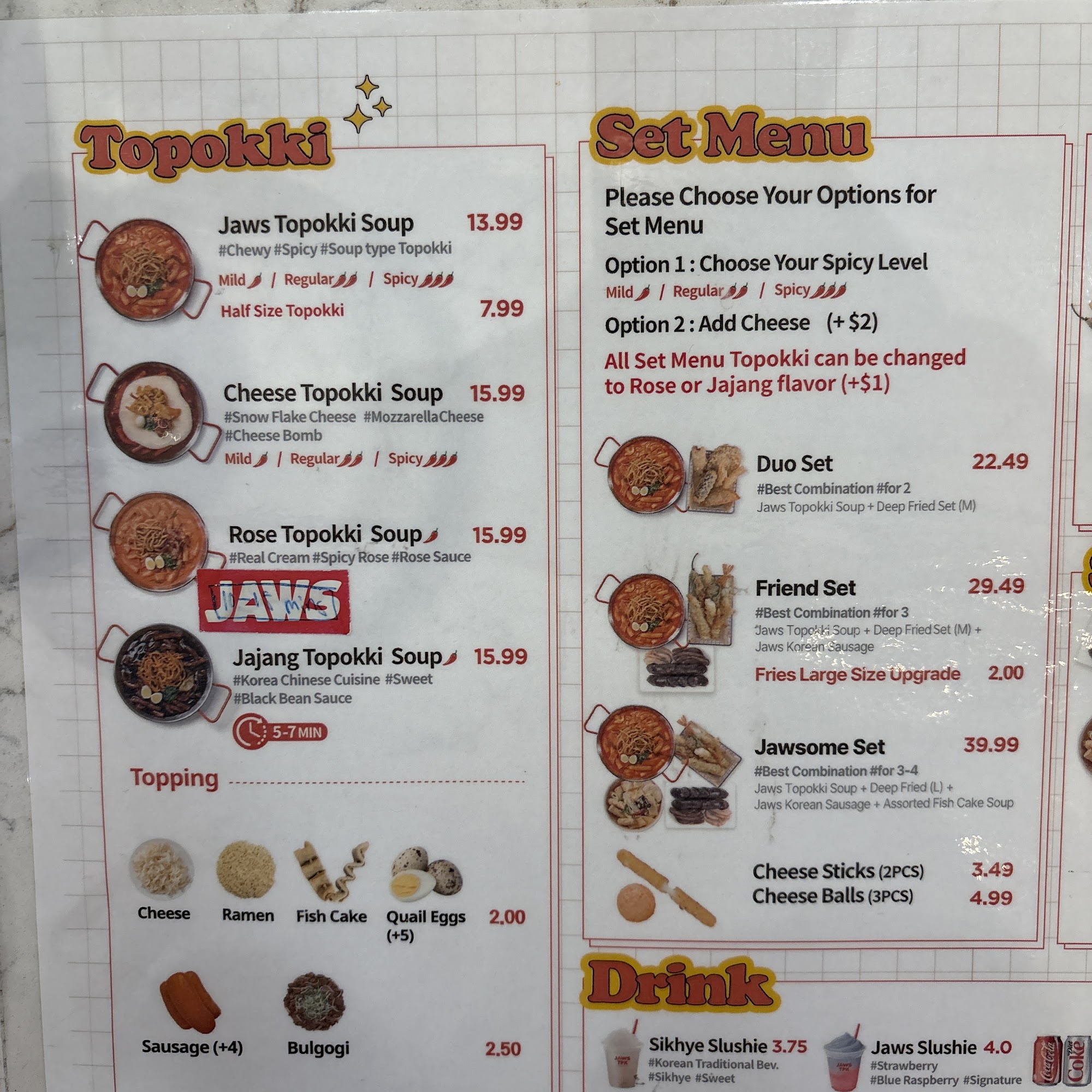 JAWS Topokki Westminster Menu