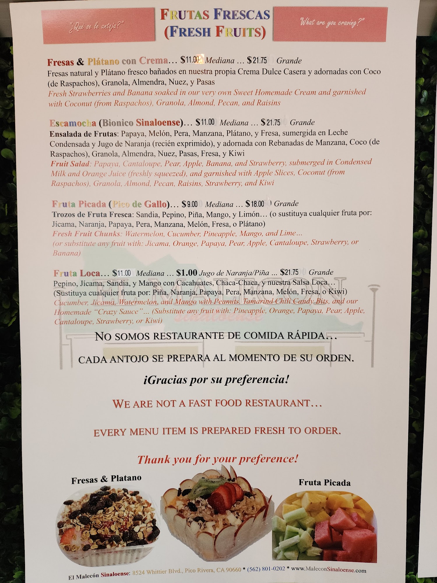 La Botaneria Fruits & Juices Whittier Menu