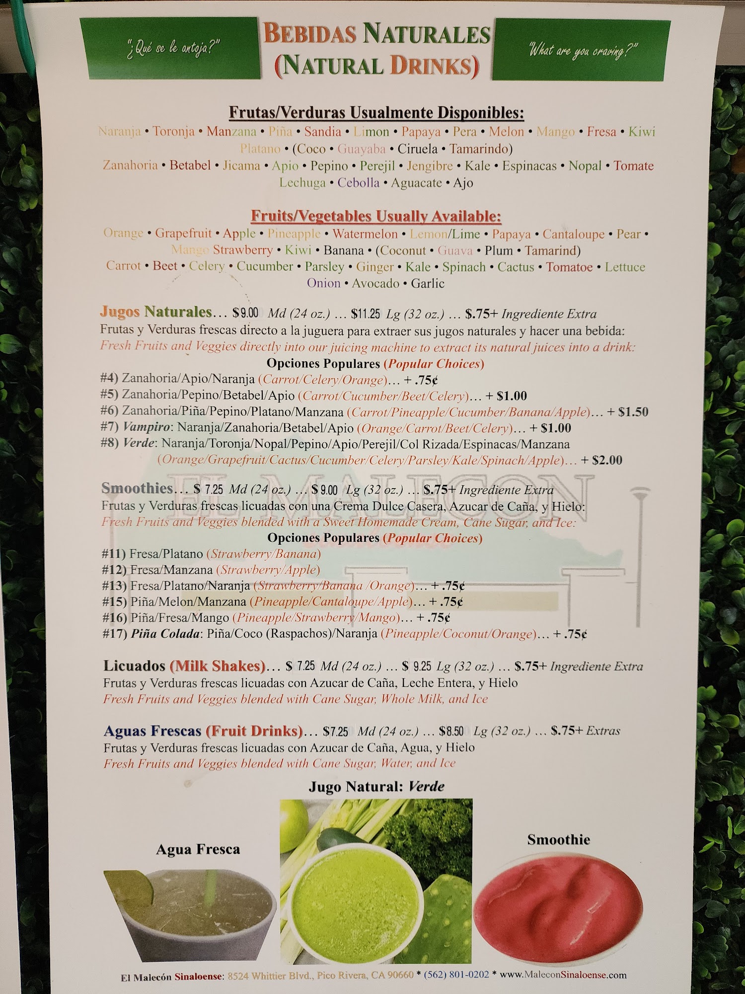 La Botaneria Fruits & Juices Whittier Menu
