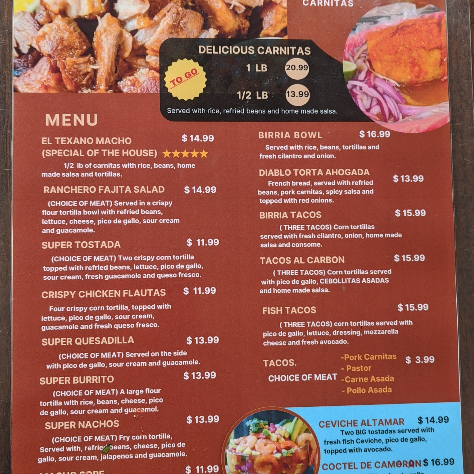 El Texano Carnitas Menu
