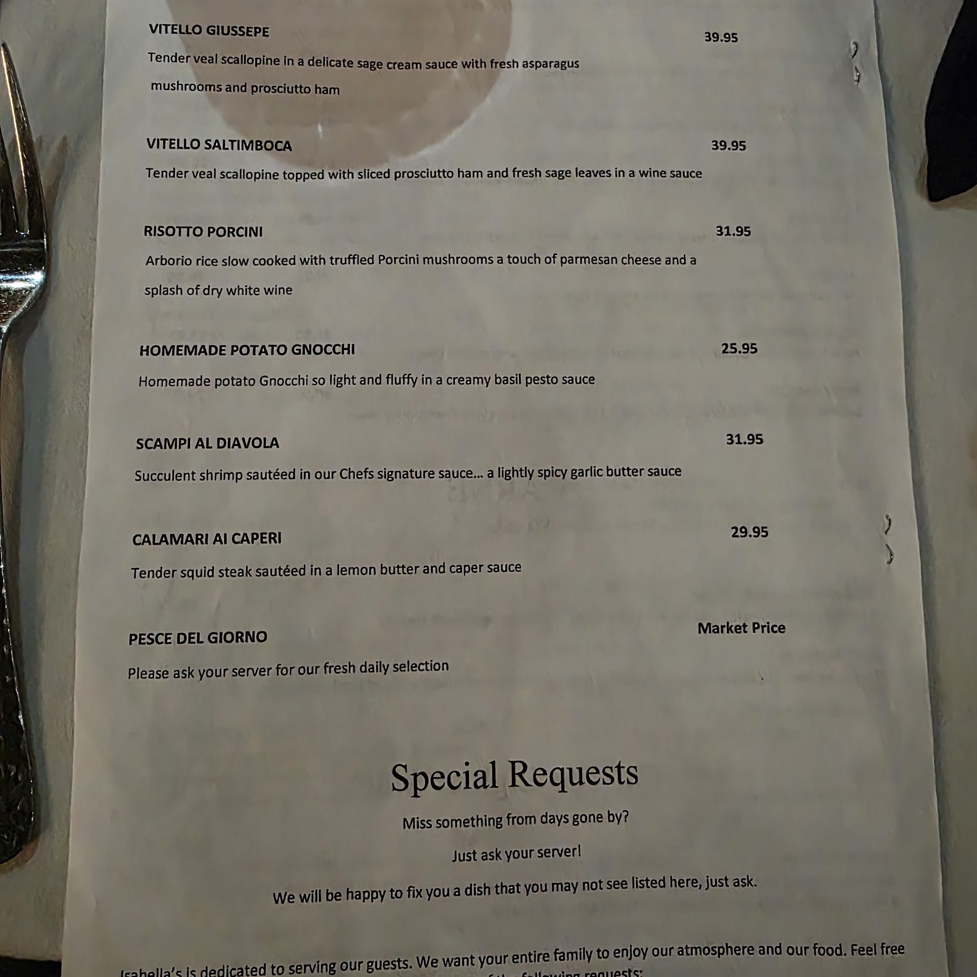 Isabella's Trattoria Yucaipa Menu
