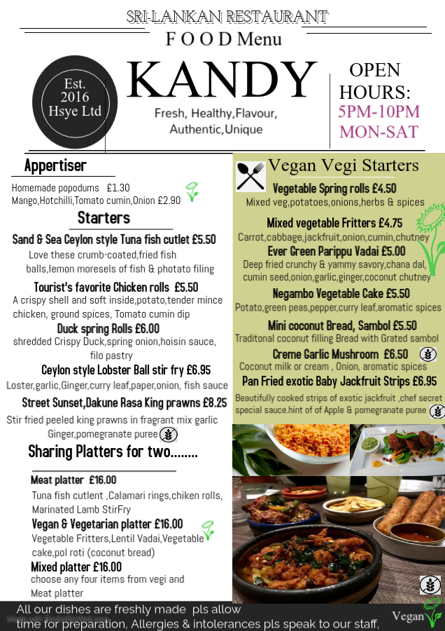 KANDY Authentic Sri Lankan Restaurant Menu