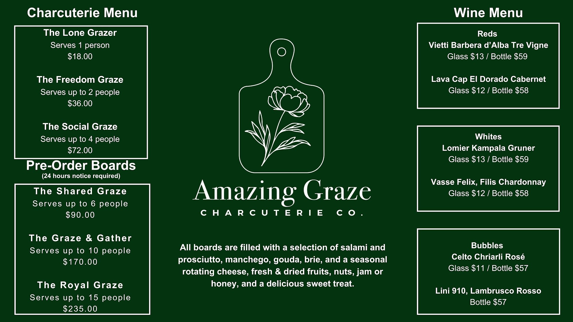 Amazing Graze Charcuterie Company Menu
