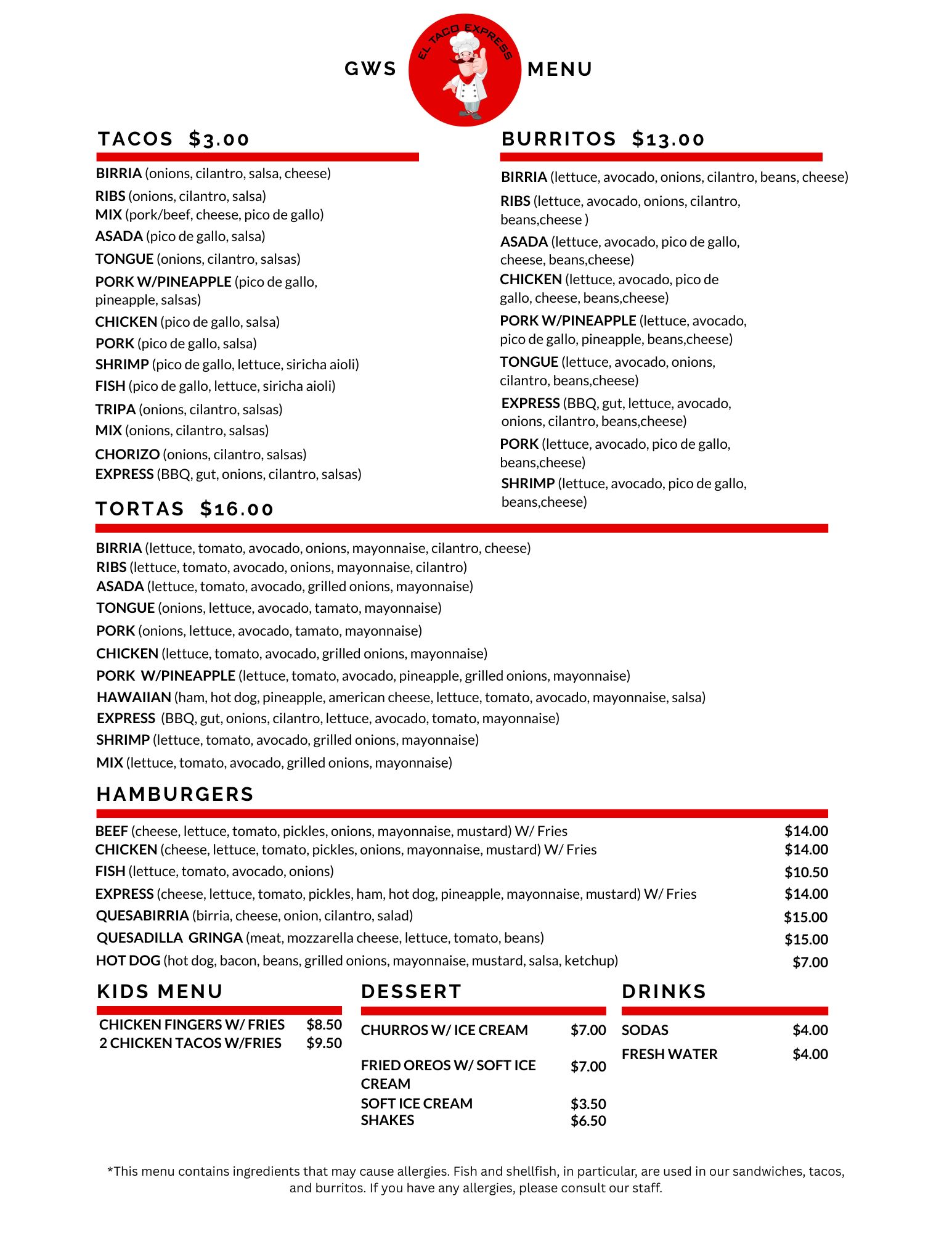 El Taco Express Menu