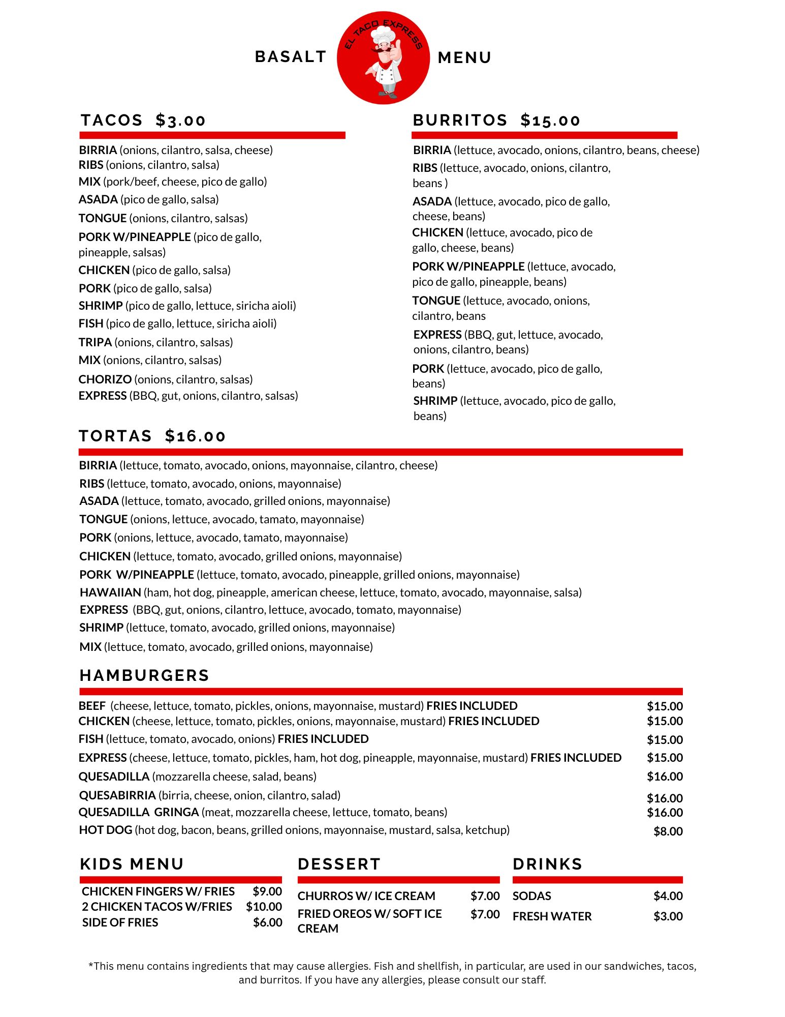 El Taco Express Menu