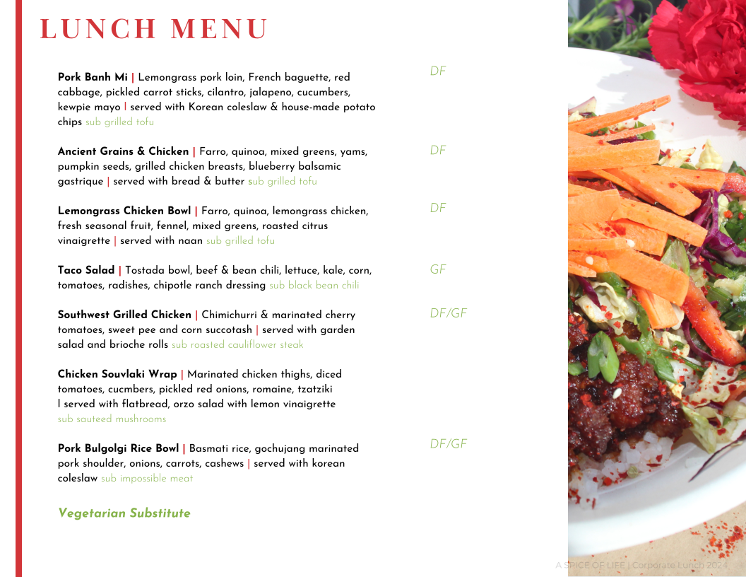 A Spice of Life Catering Menu