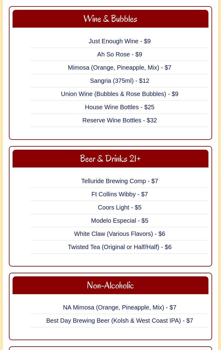 Ready Paint Fire! Breckenridge CO Menu