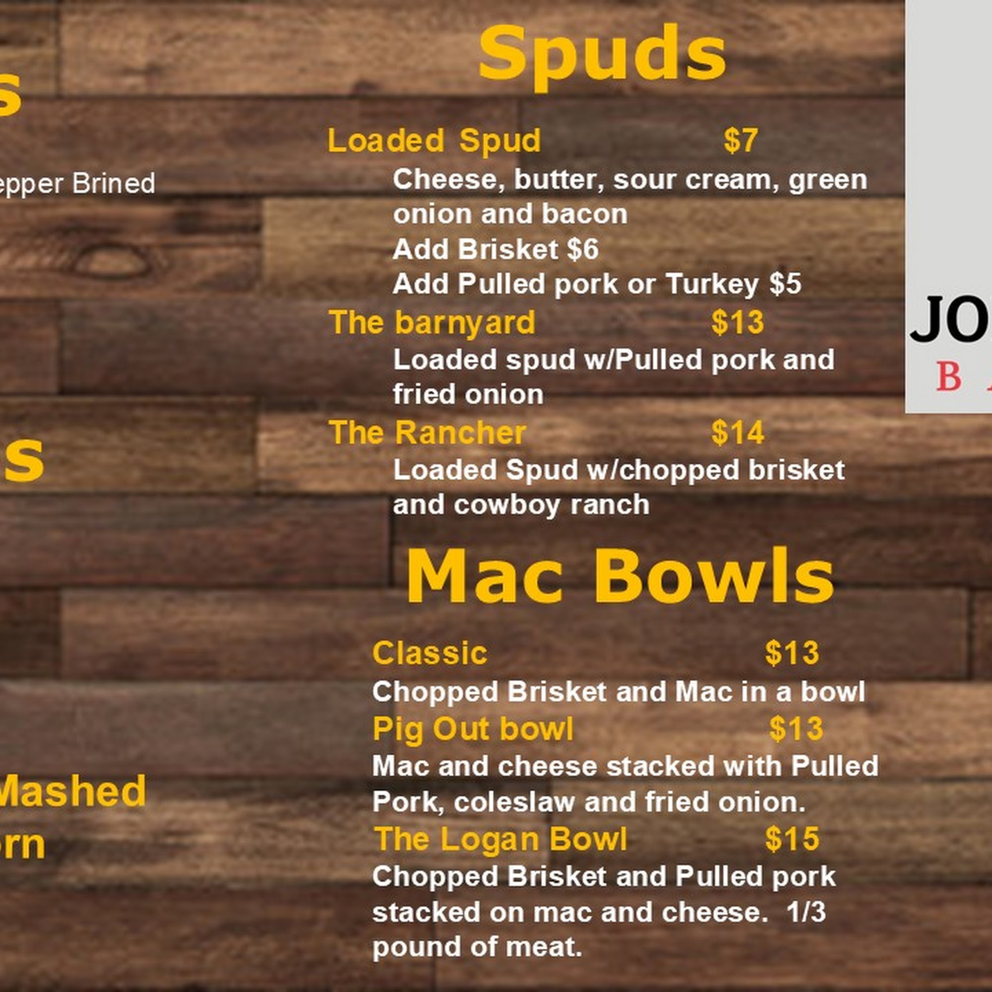 John Norths Barbecue Menu