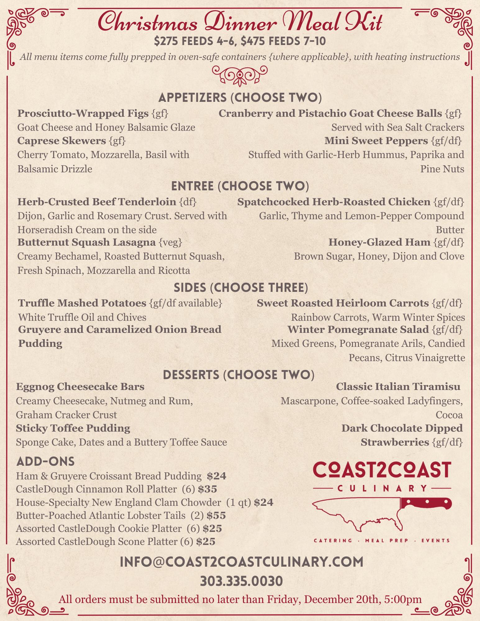 Coast2Coast Meal Prep Menu