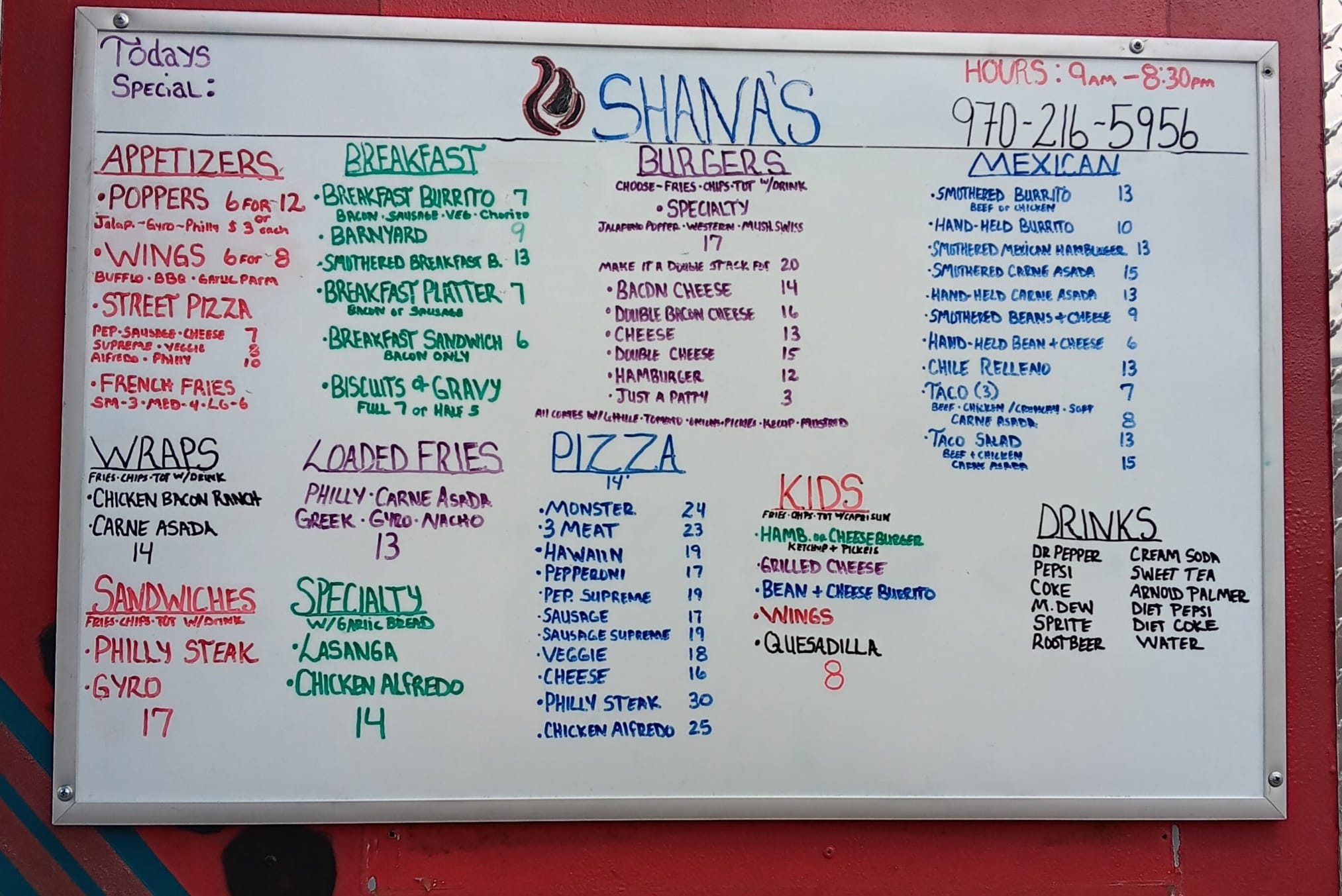 Shana's Menu
