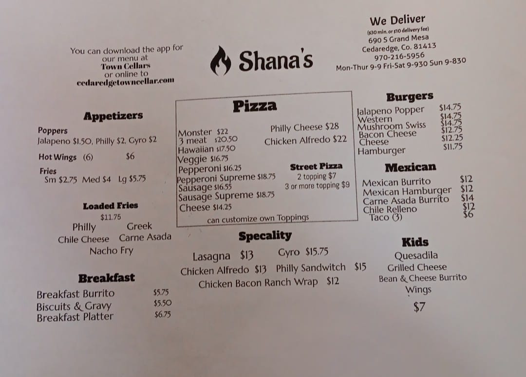 Shana's Menu