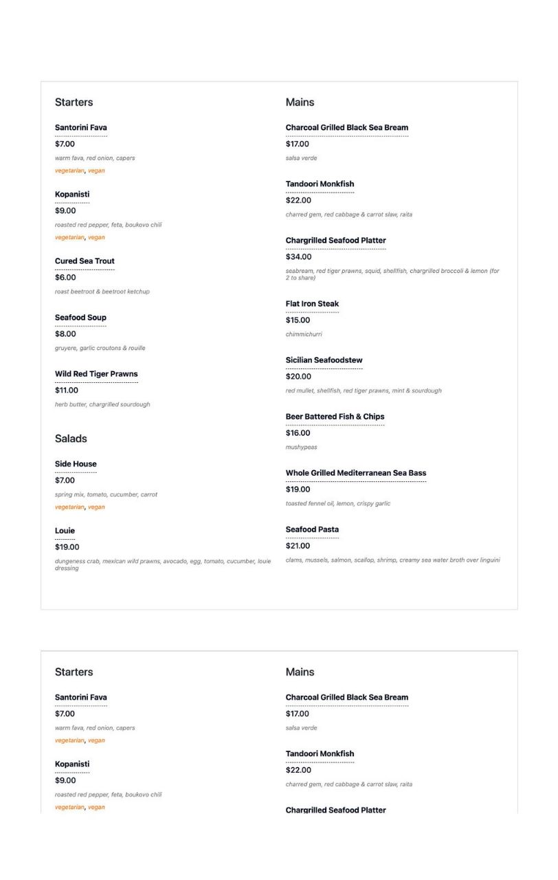 Norma’s Bakery Menu