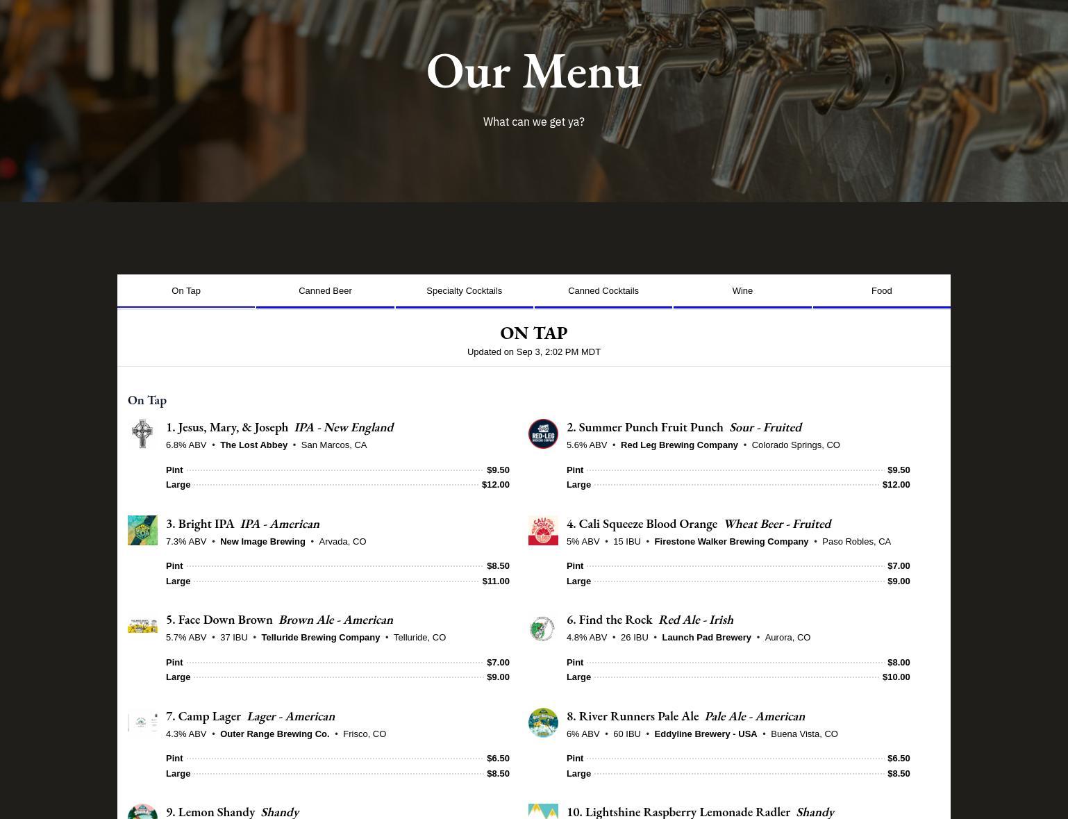 Solution Tavern Menu