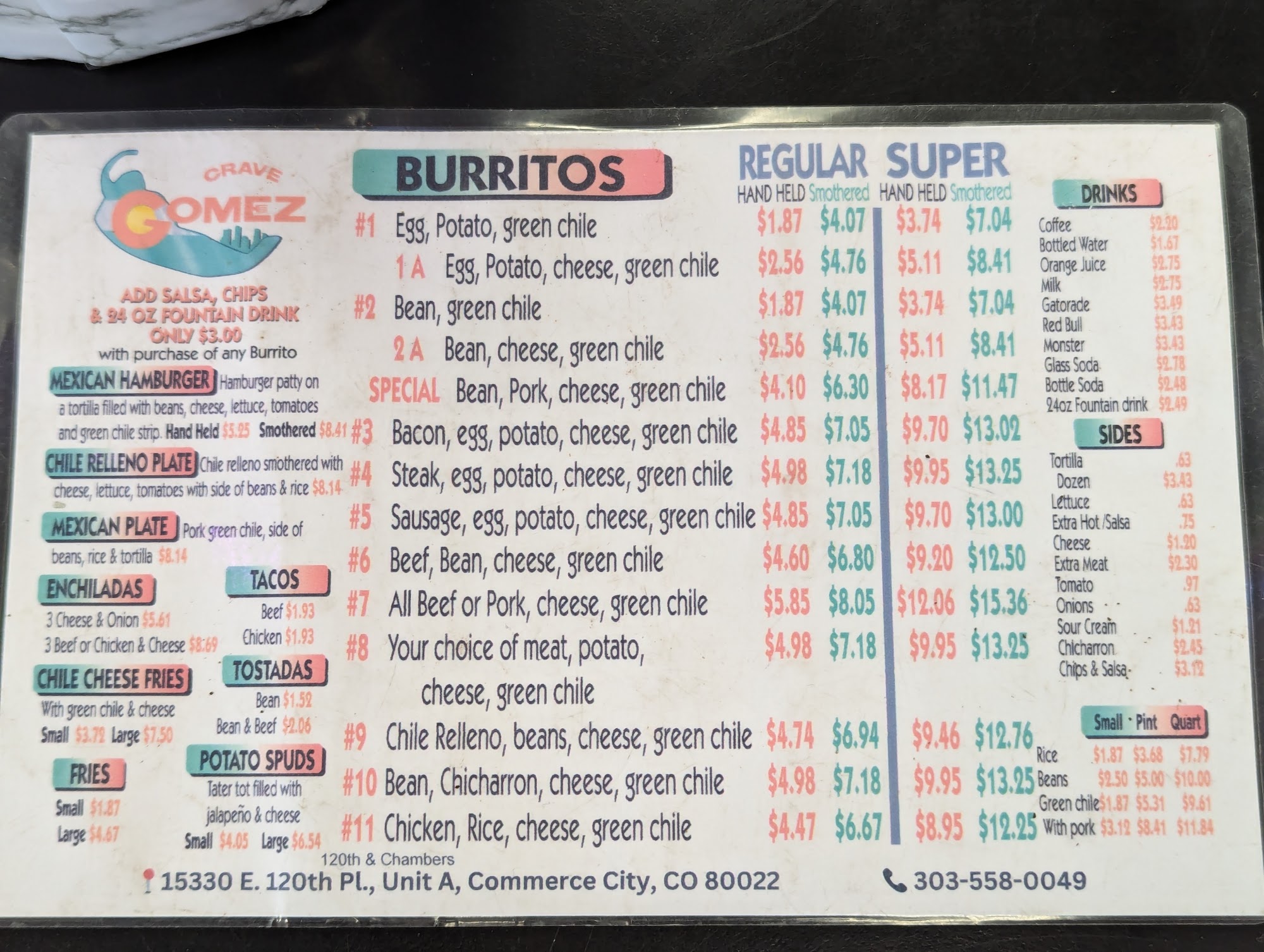 Gomez Burritos Menu