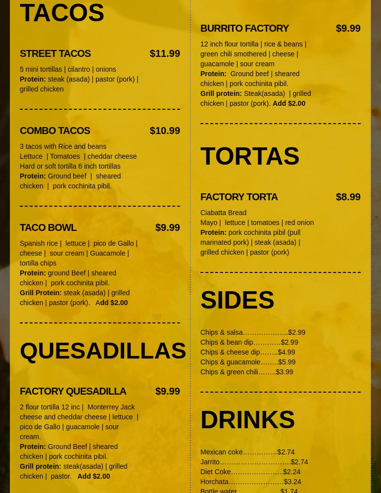 Taco Factory Menu