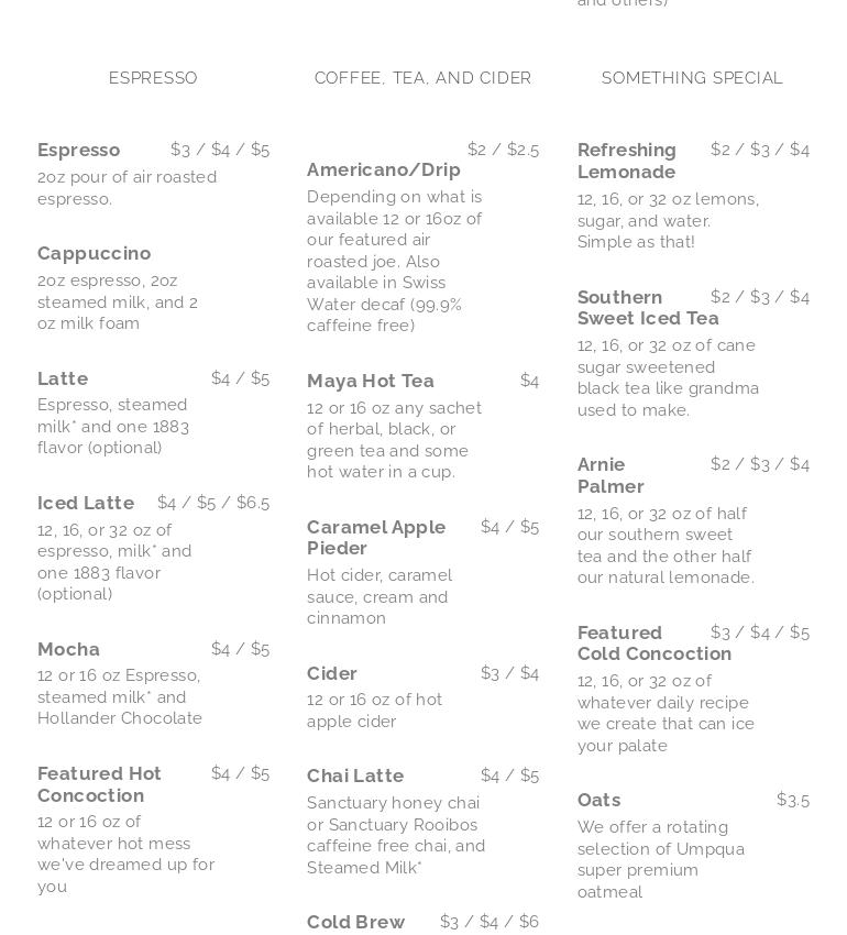 Sundog Coffee and Drinks Menu