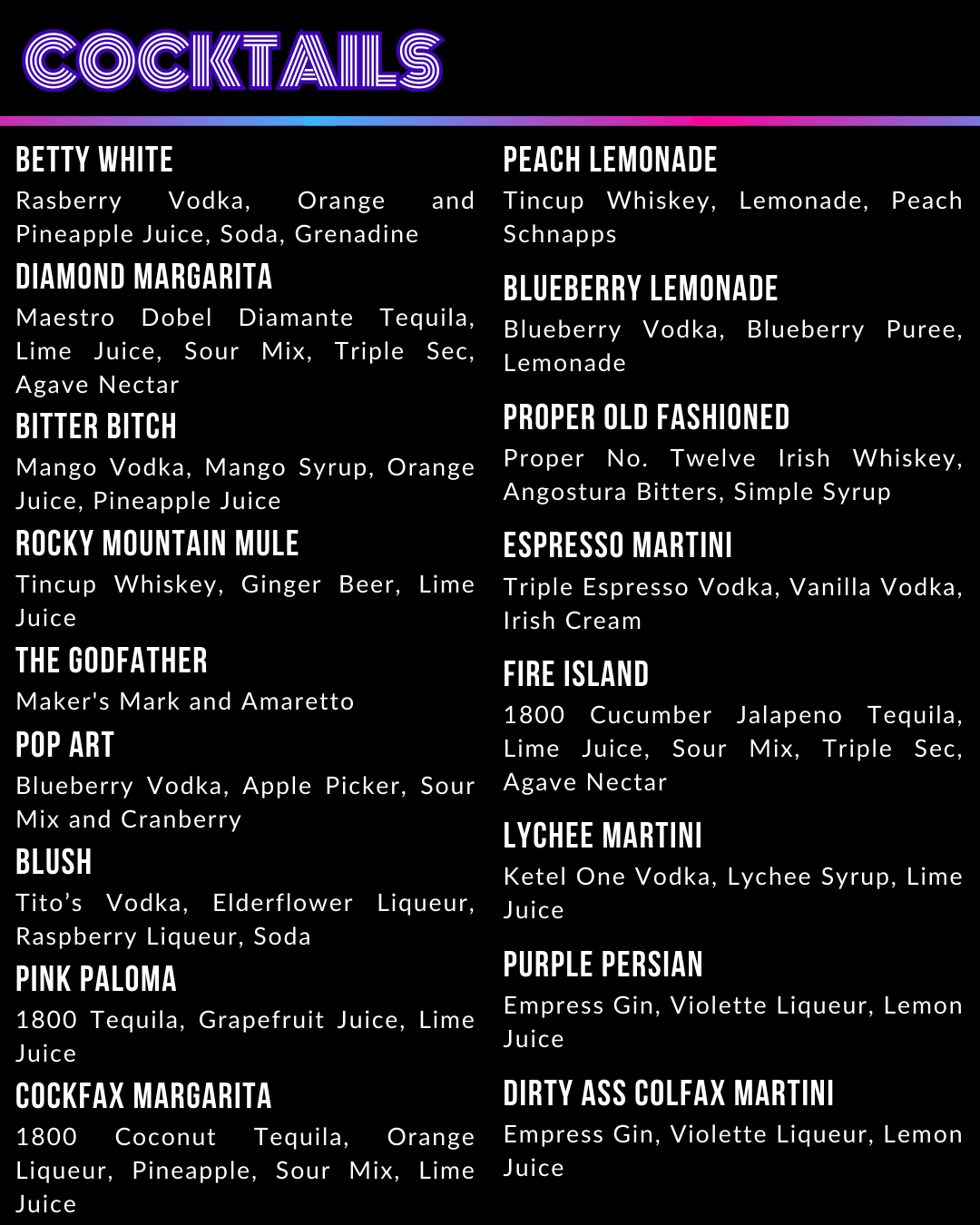 Cocks on Colfax Menu