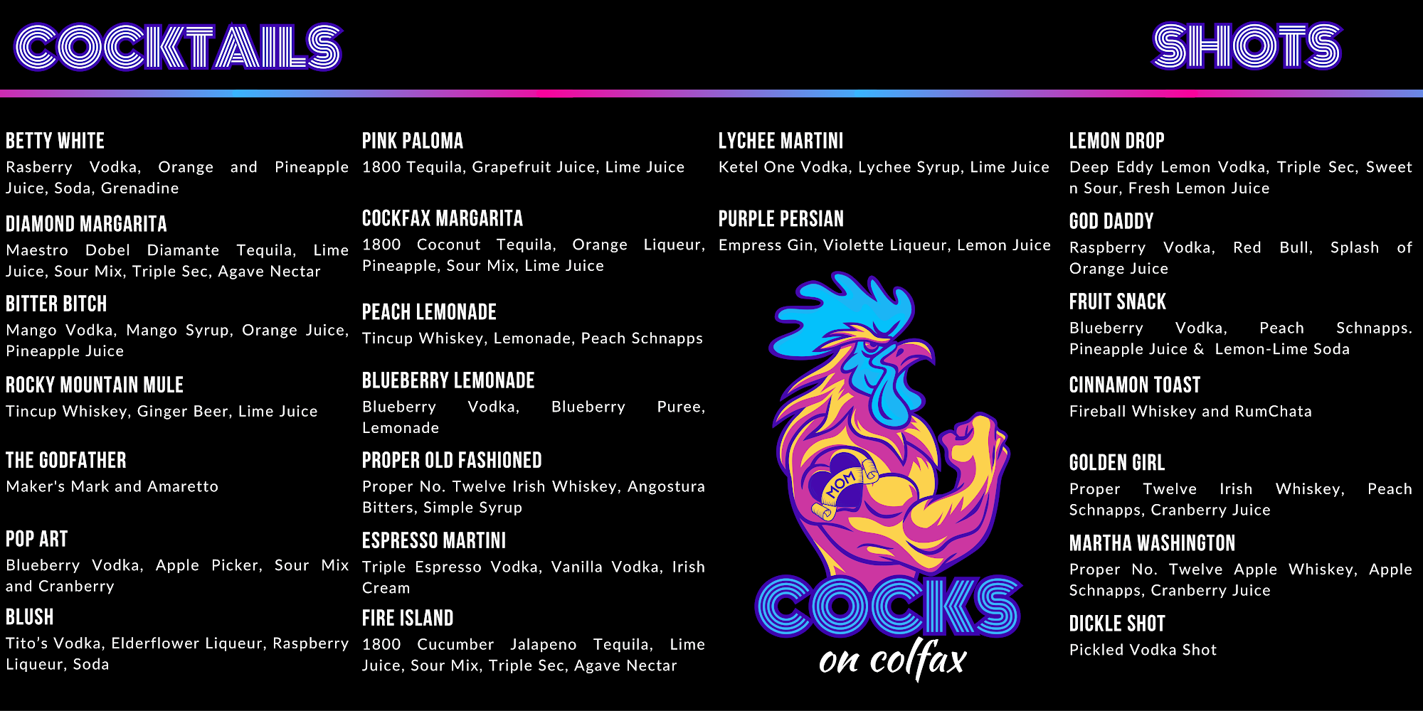 Cocks on Colfax Menu