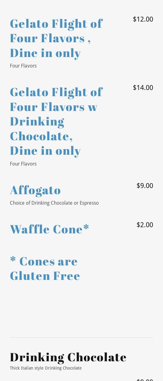 Thick's Gelato & Chocolates Menu