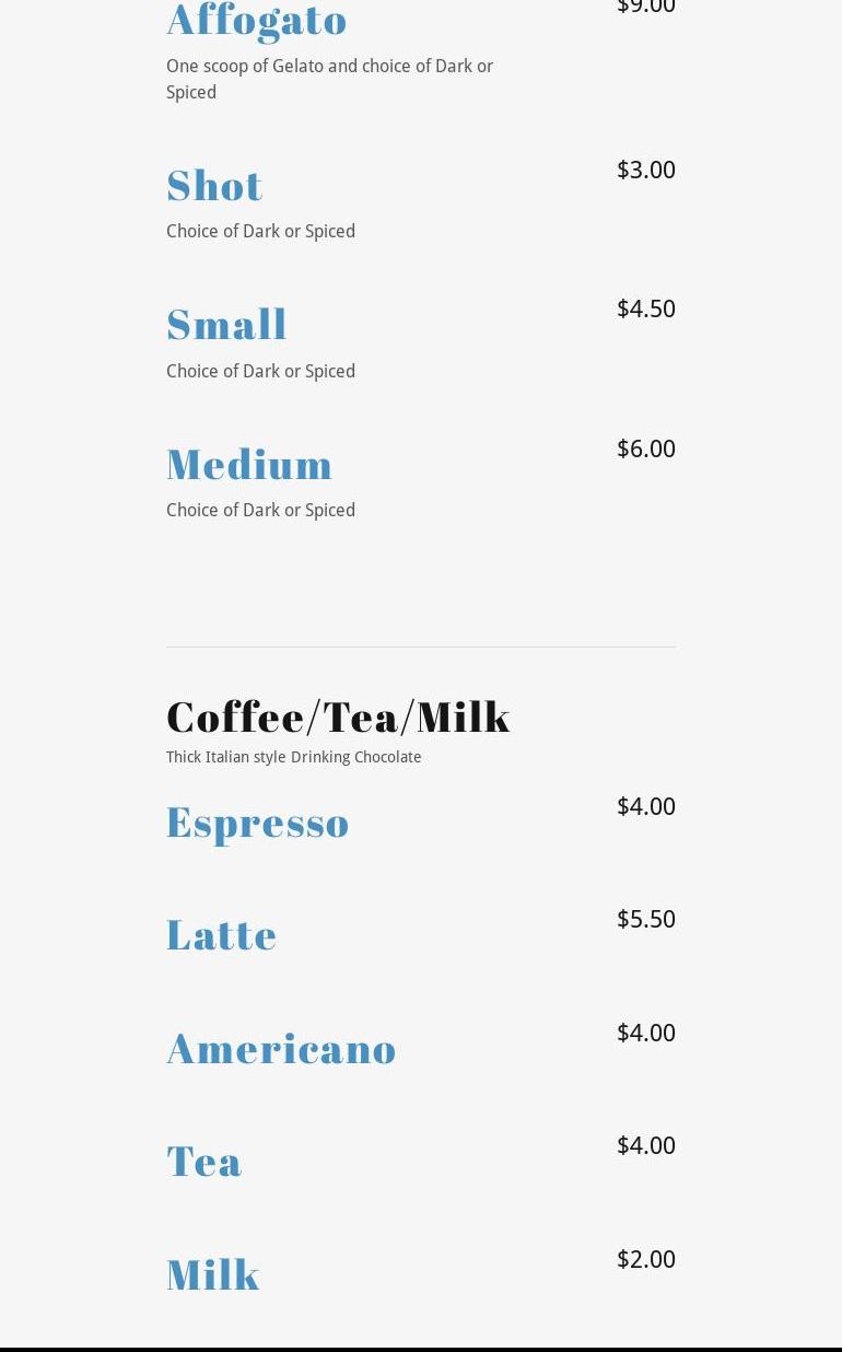 Thick's Gelato & Chocolates Menu