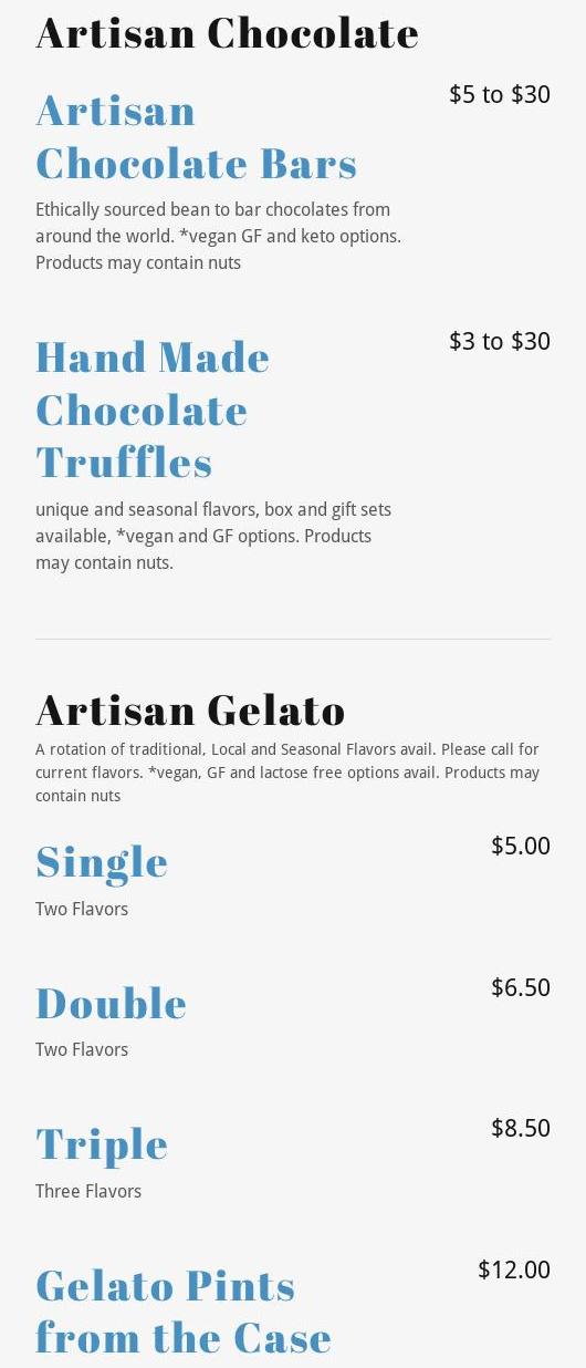 Thick's Gelato & Chocolates Menu