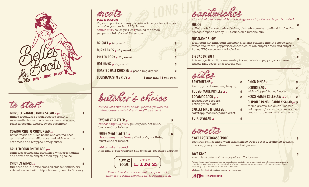 Belles & Boots Menu