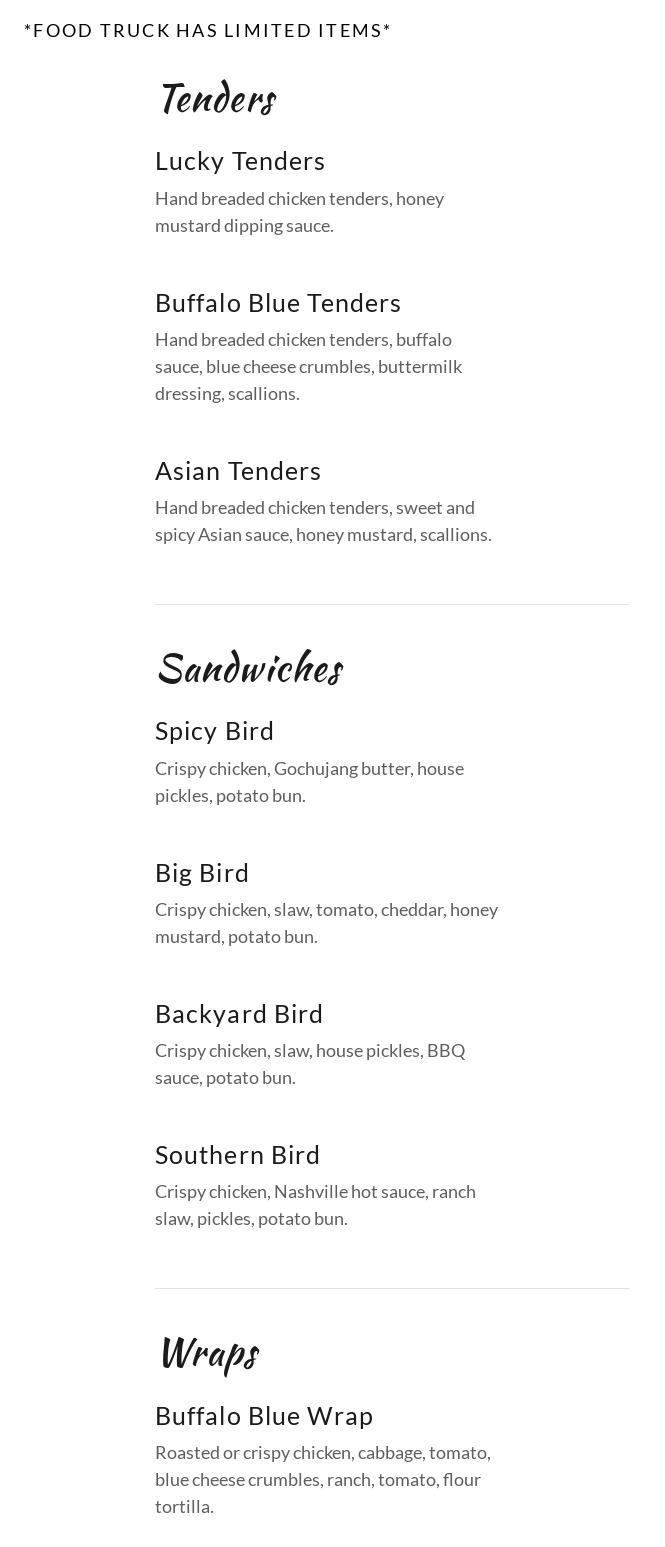 Lucky Bird Menu