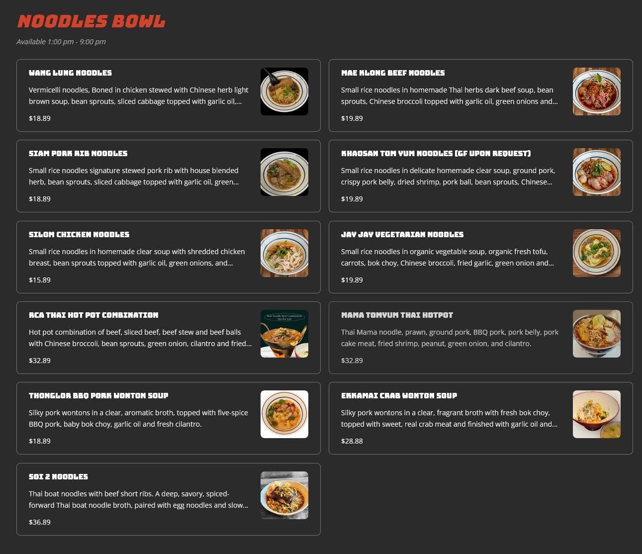 Insee Noodle House Menu