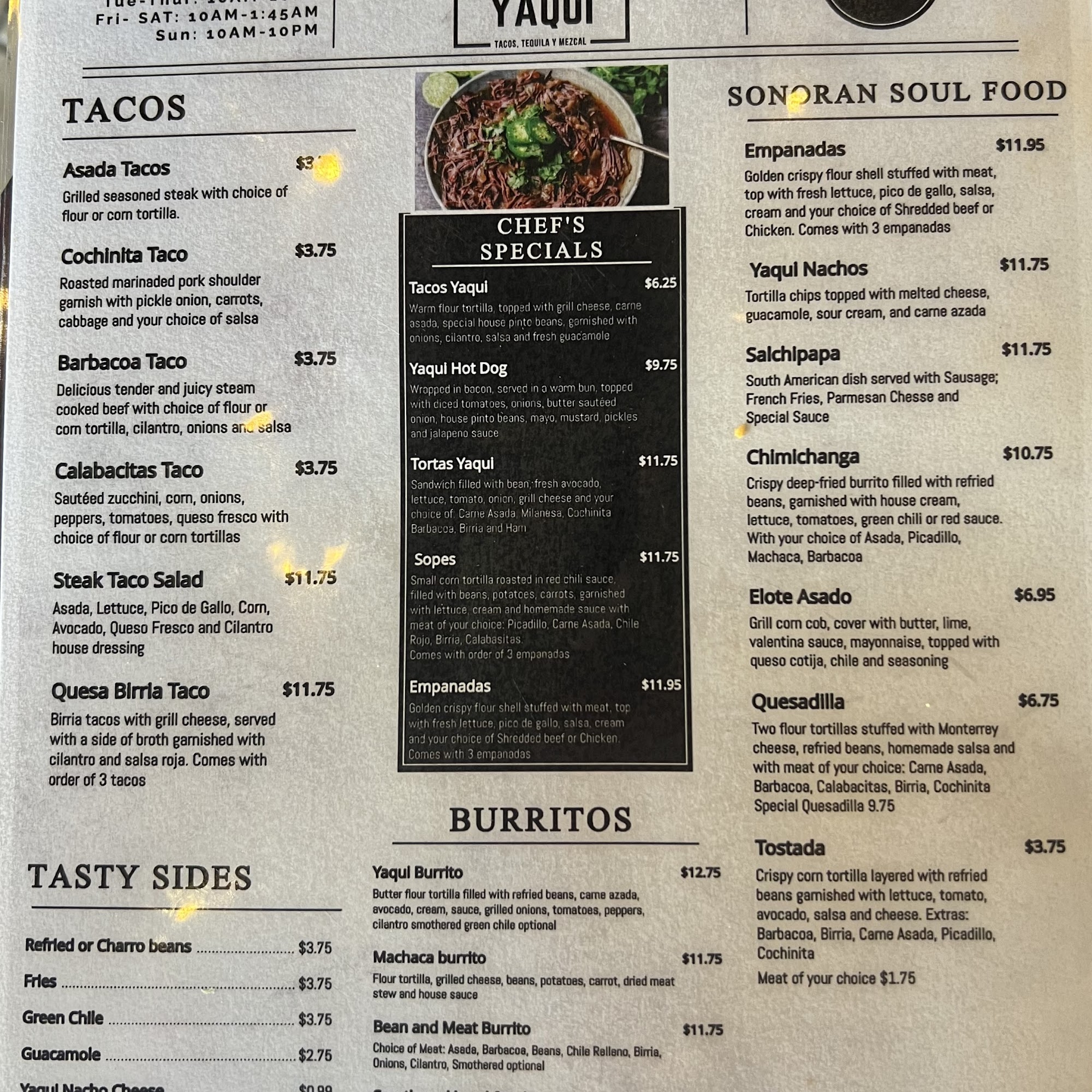 Yaqui Tacos, Tequila, Mezcal Menu