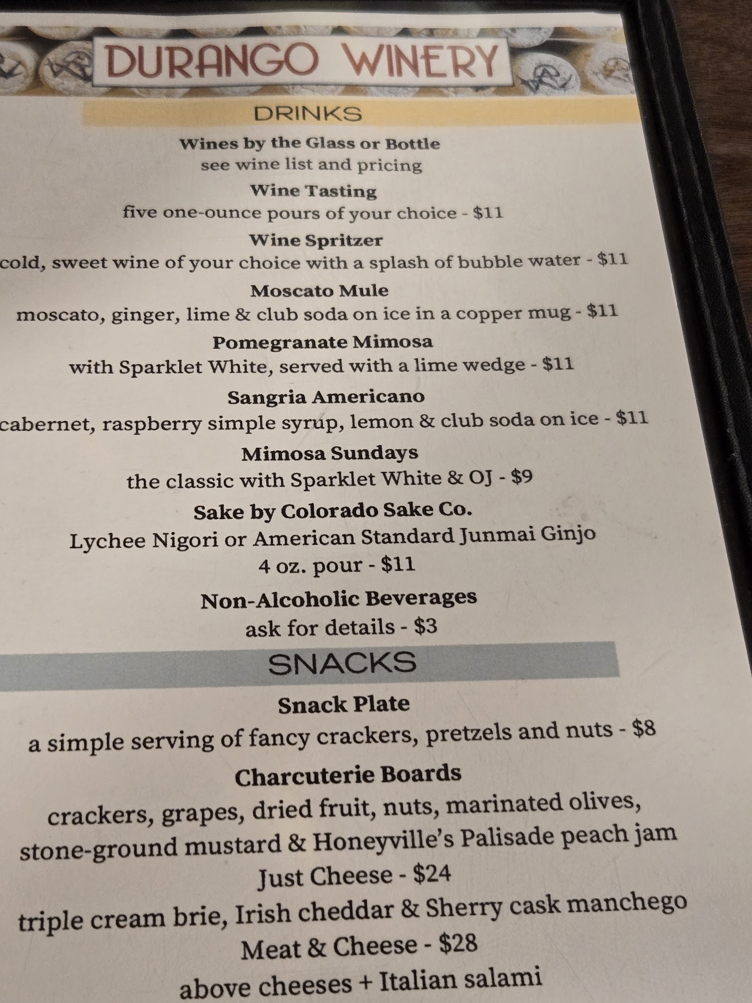 Durango Winery Menu